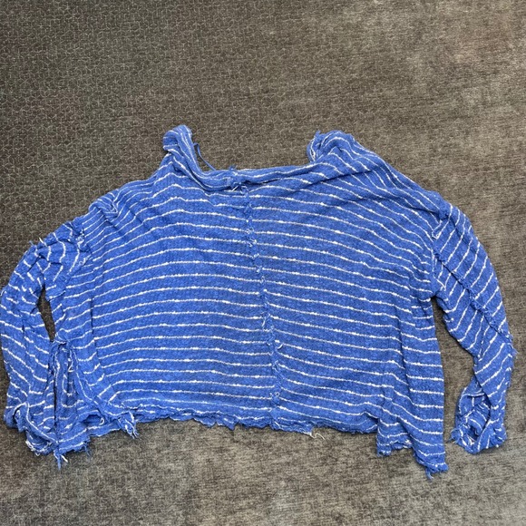 We The Free Blue White Striped Distressed Knit Open Shoulder Pullover Top M - Picture 2 of 5